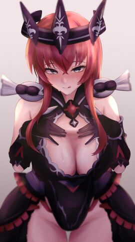 1girls artist_request blush breasts cleavage color digital_media_(artwork) female galaxy_gals gloves grey_eyes hands_on_breasts headmistress_jeanne large_breasts licking licking_lips light_skin long_hair mature_female nyanko_daisensou red_hair seductive smile solo sweat teacher the_battle_cats thick_thighs thighs tiara tight_clothing tongue tongue_out