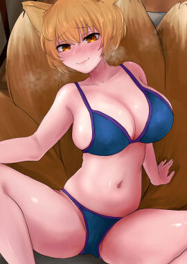 1girls absurdres animal_ears artist_request bare_shoulders belly bikini blonde_hair blue_bikini blue_bra blue_panties blush bob_cut bra breasts cleavage collarbone female fox_ears fox_tail hair_between_eyes highres large_breasts looking_at_viewer multi_tail navel panties plump ran_yakumo shiny_skin short_hair sitting smile solo swimsuit tail tails thighs touhou underwear yakumo_ran yellow_eyes