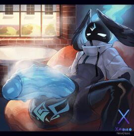 2024 2d_(artwork) 2d_artwork anthro bean_bag blue_fire blue_penis blush_lines closed_eyes color cropped_hoodie fire_hair flame_hair gay glowing_eyes glowing_penis horns large_penis male male_only nexo_(xeono) original penis sauna solo_male steam steamy_penis veiny_penis watermark window xeono