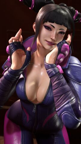 1girls 3d asian asian_female bangs big_breasts black_hair blue_eyes bodysuit breasts busty capcom cleavage clothed clothing cute cute_smile female happy heterochromia juri_han korean large_breasts light-skinned_female light_skin looking_at_viewer mod no_bra portrait purple_eyes seductive sf_screenshot short_hair smile smiling_at_viewer solo solo_female street_fighter street_fighter_6 thick_thighs thighs three-quarter_portrait tied_hair zipper zipper_down