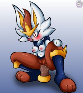 absurd_res anal anal_orgasm anal_sex anthro breasts cinderace dildo dildo_sitting female generation_8_pokemon genitals hi_res lagomorph looking_pleasured mammal nintendo nipples open_mouth penetration pokemon pokemon_(species) pussy sex_toy sirjzau solo vibrator