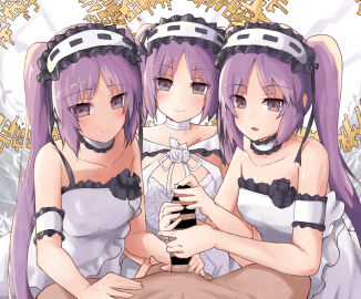 1boy 3girls bare_shoulders blush breasts censored clone_harem collarbone cooperative_handjob dress erection fate/grand_order fate_(series) female frilled_hairband frills hairband halo handjob long_hair looking_at_viewer lypele male multiple_females multiple_girls multiple_persona open_mouth parted_bangs penis purple_eyes purple_hair sidelocks small_breasts smile stheno_(fate) straight twintails very_long_hair white_dress