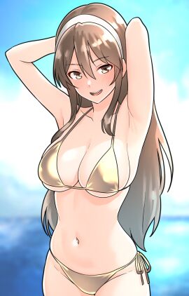 1girls absurd_res absurdres armpits arms_above_head arms_up ashigara_(kantai_collection) bare_armpits bare_arms bare_belly bare_chest bare_hands bare_hips bare_legs bare_midriff bare_navel bare_shoulders bare_skin bare_thighs bare_torso belly belly_button bikini bikini_bottom bikini_only bikini_top blue_sky blush blush_lines blushing_at_viewer blushing_female breasts brown-eyed_female brown-haired_female brown_eyebrows brown_eyes brown_hair cleavage clouds collarbone day daytime dot_nose elbows female female_focus female_only fingers furaggu_(frag_0416) gold_bikini gold_bikini_bottom gold_bikini_top gold_string_bikini gold_swimsuit gold_swimwear groin hair_between_eyes hairband half_naked hands_above_head hands_up high_resolution highres hourglass_figure kantai_collection large_breasts legs light-skinned_female light_skin long_hair looking_at_viewer naked naked_female navel nipple_bulge nude nude_female ocean open_mouth open_mouth_smile outdoors outside posing sea seaside shoulders side-tie_bikini simple_background sky slender_body slender_waist slim_female slim_waist solo standing string_bikini swimsuit swimwear thick_thighs thighs thin_waist tongue upper_body upper_teeth v-line white_hairband wide_hips