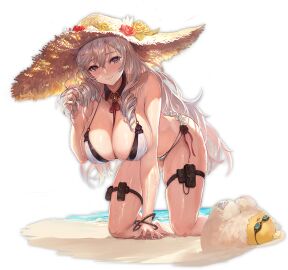 algerie_(azur_lane) algerie_(white_sand_paradise)_(azur_lane) all_fours azur_lane bangle bare_shoulders beach bikini bird blush bracelet breasts brown_bikini cg cleavage closed_mouth detached_collar drill_hair drill_sidelocks female flower full_body grey_hair hair_between_eyes hand_in_own_hair hand_up hat hat_flower jewelry kneeling large_breasts long_hair looking_at_viewer manjuu_(azur_lane) mole mole_on_breast mole_under_eye multi-strapped_bikini multiple_straps official_alternate_costume official_art purple_eyes sidelocks silver_hair skindentation smile solo straw_hat sun_hat swimsuit thigh_strap thighs transparent_background two-tone_bikini very_long_hair water wet white_bikini white_hair