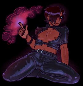 1boy chest_window heli0za kneeling latex latex_clothing leather leather_clothing magic male male_focus matthew_patel scott_pilgrim tight_pants