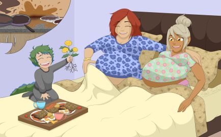 2girls bed big_breasts breasts commission female humanoid hyper_belly pregnant pregnant_female spaceseacow tan-skinned_female