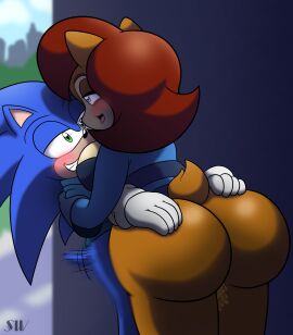 2024 anthro archie_comics ass ass_grab big_ass big_breasts big_butt biped black_nose blue_body blue_hair bodily_fluids bottomless bottomless_female bottomless_male breasts brown_hair butt_grab chipmunk closed_smile clothed clothing curvy_figure day duo eulipotyphlan eye_contact female genital_fluids gloves green_eyes grin ground_squirrel hair hand_on_ass hand_on_butt handwear hedgehog hi_res hug huge_ass huge_butt hybrid looking_at_another looking_at_partner looking_pleasured male male/female mammal motion_blur mouth_closed open_mouth outside public public_sex pussy rodent sally_acorn sciurid scut_tail sega sex shadowwalk short_tail smile sonic_(series) sonic_the_hedgehog sonic_the_hedgehog_(archie) sonic_the_hedgehog_(comics) sonic_the_hedgehog_(series) squirrel standing standing_sex tail tongue tongue_out tree_squirrel vaginal_fluids white_clothing white_gloves white_handwear