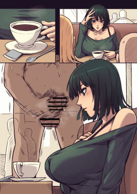 2others 3boys absurdres altered_common_sense ambiguous_gender balls bar_censor blush booth_seating breasts cafe censored change_in_common_sense clothed_female_nude_male coffee collarbone common_sense_change completely_nude cup dress emotionless emotionless_female female fubuki_(one-punch_man) green_dress green_eyes green_hair hand_on_own_head highres impossible_clothes impossible_dress indifference indifferent king_(one-punch_man) large_breasts male male_masturbation male_pubic_hair masturbation multiple_boys multiple_males multiple_others nude one-punch_man penis precum pubic_hair public_indecency public_masturbation saitama short_hair sitting steaming_cup strapless strapless_dress sweat sweatdrop tea teacup testicles ttf ugly_bastard unamused unaware unaware_hypnosis unbothered uncaring unenthusiastic utter_domination