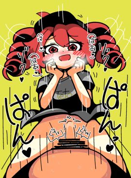 1boy 1girls bar_censor baseball_cap black_hat blush blush_stickers censored character_name chibi cum drill_hair female grey_shirt hat heart irumin_(artist) kasane_teto looking_at_viewer male mv_character override_(synthesizer_v) penetration pov pussy red_eyes red_hair sex shirt simple_background stomach_bulge straight sweat synthesizer_v twin_drills utau vagina vaginal_penetration vaginal_sex yellow_background