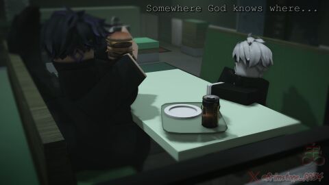 3d ass black_sweater bowtie breasts brimstone_rr34 business_suit busty_male cafe clothed comic comic_panel criminality dialogue earrings eating fat fat_ass food frown glasses hair kayden_(brimstone_rr34) male male_with_breasts purple_hair roblox sitting_at_table sweater text thick_legs turtleneck turtleneck_sweater white