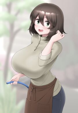 1girls apron big_breasts blush breasts brown_hair female female_focus female_only green_eyes hair_between_eyes hi_res highres holding_object huge_breasts jeans large_breasts light-skinned_female light_skin open_mouth outdoors short_hair sweater unadare
