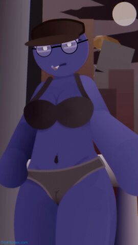 bra cameltoe cigarette cigarette_in_mouth circle_head city city_background female female_only pear-shaped_figure pear_shaped pear_shaped_female pose purple_body purple_eyes purple_skin pussy stick_nodes stickman