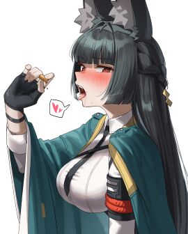 1girls absurdres animal_ears black_gloves black_hair black_necktie blunt_bangs blush dress_shirt female fingerless_gloves fox_ears fox_girl gloves green_jacket green_tea_(matchaistasty) heart highres hoshimi_miyabi jacket long_hair looking_at_viewer necktie red_eyes saliva shirt sidelocks simple_background solo teeth upper_body white_background white_shirt zenless_zone_zero