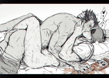 2boys alcohol anal animification ass border bottle clenched_hand commentary deadpool deadpool_&_wolverine deadpool_(series) facial_hair fingernails french_kiss greyscale hand_on_another's_head heart highres kissing leg_lock looking_at_another lying male male_focus malin_linnn marvel marvel_cinematic_universe marvel_comics mask monochrome multiple_boys multiple_males muscular muscular_male on_back on_bed pillow saliva sex shirt short_hair short_sleeves simple_background sweat symbol-only_commentary t-shirt whiskey wolverine_(x-men) yaoi