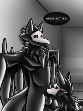 anthro avian bird black_body black_latex blue_wings bulge changed_(video_game) clothing columbid duo erection game_over gameplay_mechanics goo_transformation green_body green_wings hi_res latex latex_clothing latex_skinsuit latex_transformation male male/male mask mask_transformation pigeon pink_body puro_(changed) skinsuit tight_clothing transformation wearing_mask white_mask wings xyveon yellow_wings