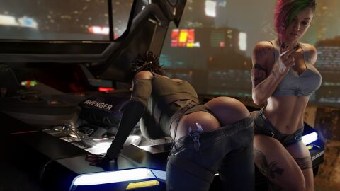 3d ass ass_focus batesz car cyberpunk_2077 female judy_alvarez nightcity panam_palmer wallpaper