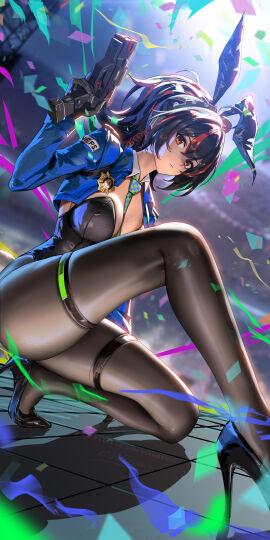 1girls :/ adapted_costume animal_ear_hairband animal_ears black_footwear black_hair black_leotard black_pantyhose blue_jacket breasts bunny_ears bunnysuit checkered_necktie cleavage closed_mouth detached_collar dutch_angle fake_animal_ears female gloves gun hairband high_heels highres holding holding_gun holding_weapon jacket large_breasts leotard liang_xing looking_at_viewer metal_hairband multicolored_hair necktie on_one_knee orange_eyes pantyhose ponytail rabbit_ear_hairband rabbit_ears red_eyes red_hair solo strapless strapless_leotard streaked_hair thigh_strap tie tie_between_breasts weapon zenless_zone_zero zhu_yuan