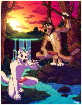 2boys 4_toes 5_fingers animal_genitalia animal_penis anthro arm_tuft athletic athletic_anthro athletic_male balls bedroom_eyes black_body black_claws black_fur black_nose black_pawpads border branch bright_colors brown_body brown_fur canid canine canine_genitalia canine_penis canis cel_shading celestialwolf cheek_tuft claws cloud crotch_tuft crouching digitigrade dipstick_fingers dipstick_tail dipstick_toes duo elbow_tuft erection evening facial_tuft feet finger_claws fingers fluffy fluffy_tail forest fur genitals head_tuft hi_res higsby holding_branch hornyarcticwolf knot lazywolf licking licking_lips looking_at_viewer male male_only mammal markings multicolored_body multicolored_fur mythological_canine mythological_creature mythology narrowed_eyes naughty_face navel neck_tuft nude outside pawpads paws penis pink_penis plant rock seductive shaded signature sky smile snaggle_tooth sun sunset tail tail_markings tan_body tan_fur toe_claws toes tongue tongue_out tree tuft vibrant_background warm_colors water waterfall were werecanid werecanine werewolf whisker_spots white_body white_border white_fur wolf woofy_(woofiearcticwolf) yellow_eyes