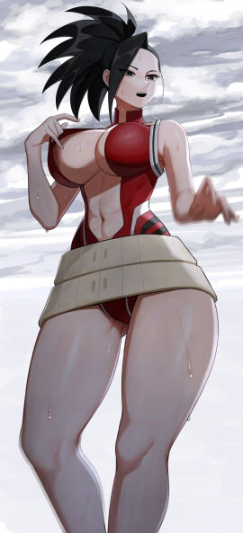1girls belt belt_skirt big_breasts black_eyes black_hair boku_no_hero_academia breasts commentary_request female female_human fit_female gluteal_fold hair_pulled_back highres hourglass_figure human large_breasts leotard leotard_pull light-skinned_female long_legs momo_yaoyorozu my_hero_academia navel open_clothes open_leotard open_mouth outdoors overcast ponytail red_leotard senju_(snz0) sky slim_waist solo superheroine teeth thick_thighs thighs wet wide_hips yaoyorozu_momo