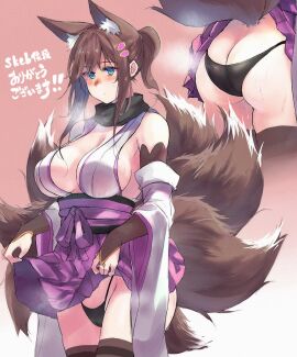 1girls animal_ear_fluff animal_ears aqua_eyes bare_shoulders black_panties black_scarf breasts brown_gloves brown_hair brown_thighhighs cleavage_cutout clothes_lift clothing_cutout detached_sleeves elbow_gloves female fingerless_gloves fox_ears fox_girl fox_tail gloves lifting_own_clothes miniskirt multi_ear multiple_views obi original panties pleated_skirt purple_skirt sash sawaya_(mizukazu) scarf side_cutout sideboob sidelocks skirt skirt_lift tail thighhighs underwear white_sleeves wide_sleeves