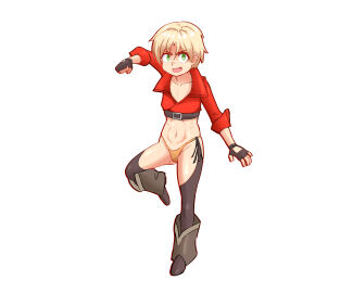 amelia_(fire_emblem) angel_(kof)_(cosplay) blonde_hair boots commission commissioner_upload fire_emblem fire_emblem:_the_sacred_stones fire_emblem_heroes flat_chest gloves green_eyes jacket markustercero outfit_swap petite short_hair thighs yellow_panties