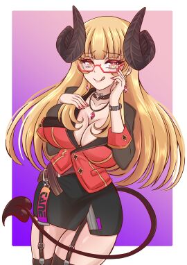 1girls adjusting_glasses blonde_hair breasts cleavage demon demon_girl demon_horns demon_tail earrings female glasses indie_virtual_youtuber large_breasts necklace office_lady red_eyes sticking_out_tongue succubus suggestive_smile tane tane_tenshi virtual_youtuber vtuber