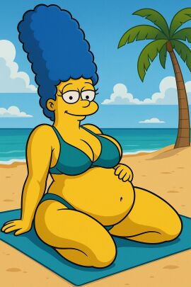 ai_generated beach bikini blue_hair breasts cartoon marge_simpson milf preggo pregnant pregnant_belly pregnant_female the_simpsons