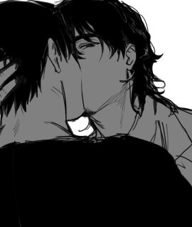 2boys black_hair facial_hair gay hands_around_neck implied_kiss looking_at_viewer male male_only monochrome multiple_boys multiple_males original simple_background white_background yaoi yukibi_(ykb)