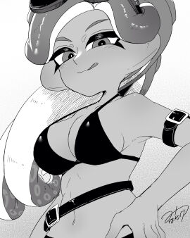 1girls arm_strap belt bikini bikini_top black_bikini breasts dark-skinned_female dark_skin female hand_on_hip licking_lips long_hair looking_at_viewer medium_breasts minawakee monochrome navel nintendo octoling octoling_girl solo splatoon splatoon_(series) splatoon_2 splatoon_3 sunglasses sunglasses_on_head swimsuit swimwear tentacle_hair tongue tongue_out watermark