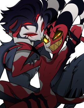 2boys absurd_res anthro arm_grab avian beak big_horn bird blitzo_(helluva_boss) demon demon_boy demon_horns demon_humanoid demon_tail duo feathers fluffy fluffy_chest gay gay_male glowing glowing_eyes grabbing_head helluva_boss hi_res horn horned_humanoid imp leg_grab looking_at_viewer male male/male multi_eye multicolored_body multicolored_skin narrowed_eyes nude nude_anthro nude_humanoid nude_male owl owl_demon paldobeobe59670 raised_arm red_body red_eyes sharp_teeth slim smile smiling_at_viewer spade_tail stolas_(helluva_boss) tail tailed_humanoid teeth thigh_grab white_body white_skin yaoi yellow_sclera