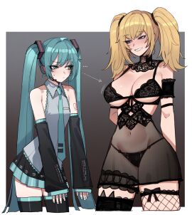 2girls ani_(twitter) big_breasts bra breast_envy breast_size_difference breasts clothed clothing crossover female female_focus female_only goth goth_girl grok_(x) hatsune_miku large_breasts light-skinned_female light_skin lingerie panties ratatatat74 see-through see-through_clothing size_difference small_breasts standing stockings thighhighs thighs twintails twitter vocaloid