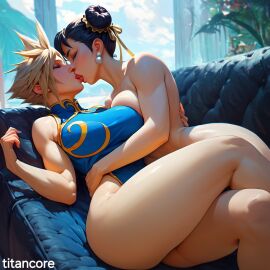 (titancore) 2girls ai_generated big_breasts black_hair blonde_hair chun-li cloud_strife cloudette_strife crossover dress female final_fantasy_vii girl kissing laying_down rule_63 spiky_hair street_fighter strong_female thick_thighs thighs