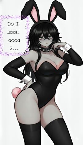 1girls ass big_breasts big_thighs black_hair breast_blush breasts bunny_ears bunny_tail bunnysuit choker_collar cleavage clothing eyebags green_eyes grey_body hand_on_hip oc realistic_proportions roblox robloxian self_upload sexy_pose sleeves text text_box text_bubble thighhighs thighs tired_look undeadcrash wavy_hair