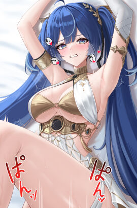 1girls absurdres ahoge ancient_greek_clothes armlet armpits arms_up bed blue_eyes blue_hair blush breasts cleavage clenched_teeth commentary commonalty female female_only gold_bra greco-roman_clothes hair_belt halterneck head_wreath heart highres implied_sex iuno_(wuthering_waves) jewelry large_breasts long_hair looking_at_viewer lying multicolored_hair on_back on_bed paid_reward_available panties panty_pull solo solo_focus streaked_hair sweat teeth thighs trembling twintails underboob underwear variant_set very_long_hair white_panties wuthering_waves