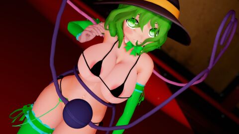 1girls 3d black_bikini black_hat female green_eyes green_hair green_thighhighs grimoirexorcism heart_of_string koishi_komeiji komeiji_koishi looking_at_viewer micro_bikini mmd short_hair smile solo third_eye_(touhou) touhou
