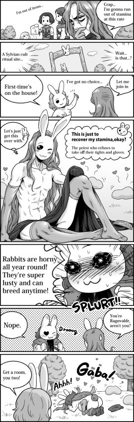 anal anal_sex bunnymasks_(fear_and_hunger) cahara comic elbow_gloves english_text enki_ankarian fear_and_hunger female gay gloves long-haired_male long_hair male male_focus mask masked masked_male monochrome ragnvaldr the_girl_(fear_and_hunger) thighhighs very_long_hair wavy_hair yaoi yoshinaga_yuki3