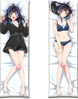 ahoge bare_arms bare_belly bare_legs bare_shoulders bare_thighs barefoot bathrobe bed_sheet belly_b belly_button blue_panties blue_underwear blush breasts cleavage collarbone dakimakura dakimakura_design feet female hand_on_thigh holding_hair kanojo_okarishimasu knee_blush lying medium_breasts mouth_closed multicolored_hair oerba_yun_fang official_art open_mouth panties purple_eyes short_hair smile thighs toes underwear underwear_only yaemori_mini