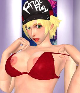 3d alice_garnet_nakata blonde_hair blush bra_down breasts caught female green_eyes hat king_of_fighters king_of_fighters_xiv lordryu nipples peeking_out snk surprised xnalara xps