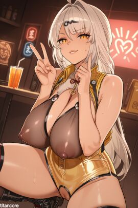 (titancore) adult ai_generated beautiful curvy_figure drinks female girl hair_ornament huge_breasts long_hair naughty naughty_face naughty_girl nightclub nipples peace_sign peace_sign_gesture puffy_nipples revealing_clothes see-through_clothing showing_off showing_pussy sitting_down sweatdrop teasing_viewer video_game_character white_hair yellow_eyes yixuan_(zenless_zone_zero) zenless_zone_zero