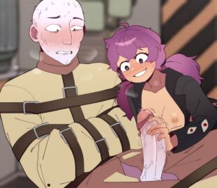 1boy 1girls artist_request bald_male big_penis blush breasts cock crazy crazy_eyes crazy_female employee_(lobotomy_corporation) exposed_breasts female forsaken_murderer_(lobotomy_corporation) handjob horny_female imminent_sex lobotomy_corporation male oc original_character penis ponytails project_moon purple_hair restrained restraints sweat throbbing_penis unknown_artist