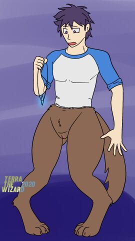 2020 4_toes 5_fingers after_transformation anthro anthro_transformation apprehensive biped blue_clothing blue_shirt blue_topwear bottomless bottomless_cuntboy bottomless_intersex brown_body brown_fur canid claws clothed clothing cuntboy cuntboy_transformation digitigrade feet fingers front_view fur gender_transformation genitals glowing glowing_jewelry glowing_necklace hair holding_jewelry holding_necklace holding_object human human_to_anthro humanoid intersex jewelry knock-kneed light_body light_skin looking_at_object looking_down male male_only male_to_cuntboy mammal mti_transformation multicolored_clothing multicolored_shirt multicolored_topwear necklace partial_transformation paws pecs pecs_outline post-transformation purple_background purple_eyes purple_hair pussy shirt short_hair simple_background solo species_transformation standing tail terrathewizard toe_claws toes topwear transformation two-tone_clothing two-tone_shirt two-tone_topwear vulva