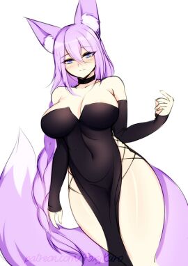 big_breast big_breasts black_dress blue_eyes breasts cleavage cleavage_dress dirtykuro dress evening_dress evening_gown female female_only fox_ears fox_girl foxykuro hair_covering_eye hair_covering_one_eye hair_over_eye hair_over_one_eye kitsune kuro_(foxykuro) large_breast large_breasts long_hair long_purple_hair no_panties original purple-haired_female purple_hair side_slit slit_dress thick_thighs