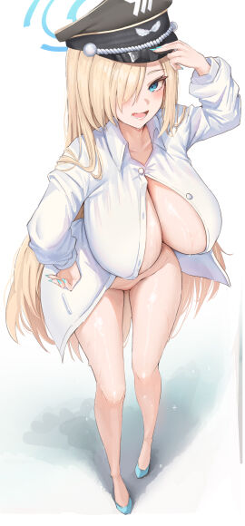 1girls absurdres alternate_costume asuna_(blue_archive) bare_legs barefoot blonde_hair blue_archive blue_eyes blue_nails blush bottomless breasts collarbone collared_shirt dress_shirt feet female fluffyebi01 full_body hair_between_eyes hair_over_one_eye halo hat highres huge_breasts long_hair long_sleeves looking_at_viewer naked_shirt navel no_panties open_clothes open_mouth open_shirt peaked_cap sex shirt simple_background smile solo standing thighs very_long_hair wet white_background white_shirt