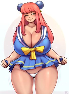 1girls artist_logo artist_name artist_signature ass_visible_from_the_front ass_visible_through_thighs big_breasts big_hips big_thighs blue_clothing blue_collar blue_eyes blush blush_lines blushing_female breasts brenda_(perfect_hair_forever) bulging_breasts busty cleavage coral_pink_hair deep_cleavage eyebrows eyelashes eyes female female_focus female_only front_view hair hair_ornament hips huge_boobs huge_breasts inner_hair lifted_by_self lifting lifting_clothing lifting_own_clothes lifting_skirt lips long_hair madheaven no_bra nose orange_hair panties pantyshot peach_hair pelvic_line perfect_hair_forever pink_hair pulling_skirt ribbon sailor_collar school_uniform schoolgirl short_skirt skirt skirt_lift skirt_lifted_by_self smirk smug smug_face solo solo_female solo_focus standing thick thick_hips thick_legs thigh_gap thighs thunder_thighs underwear upper_body upskirt white_background white_panties yellow_ribbon