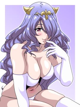 1girls bare_midriff bare_shoulders bare_thighs bra breasts camilla_(fire_emblem) cleavage elbow_gloves female female_only fire_emblem fire_emblem_fates gloves gradient_background hair_over_one_eye hand_on_own_face horns inabakun00 large_breasts long_hair looking_at_viewer midriff nintendo panties pink_eyes purple_hair shoulders skindentation smile solo thighhighs thighs underwear very_long_hair white_bra white_panties