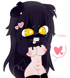 1girls animal_ears animal_tail black_clothing black_face black_hair black_stockings breasts breasts_out canine chibi_style cute cute_face dog_ears dog_girl dog_tail english_text female gacha gacha_club gacha_heat gacha_life heart-shaped_pupils heart_tattoo hearts_around_head letter letter_in_mouth long_hair meow_shady2 niky_(meow_shady2) pubic_tattoo pussy round_breasts small_breasts standing stockings tattoo text white_background womb_tattoo yellow_eyes
