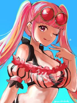 1girls ;p alternate_costume bare_shoulders bikini blue_background blunt_bangs breasts cleavage eyewear_on_head female female_only fire_emblem fire_emblem:_three_houses fire_emblem_heroes heart highres hilda_valentine_goneril hilda_valentine_goneril_(summer) leon0630claude long_hair looking_at_viewer nintendo official_alternate_costume one_eye_closed pink_bikini pink_hair pink_swimsuit solo sunglasses swimsuit tongue tongue_out twintails twitter_username v wet