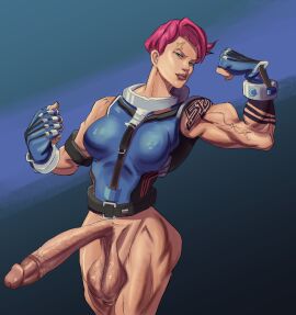 1futa 2d balls breasts circumcised flexing flexing_bicep futanari intersex large_penis muscular muscular_futa overwatch penis pink_hair sagging_balls solo solo_focus solo_futa zarya zyldark