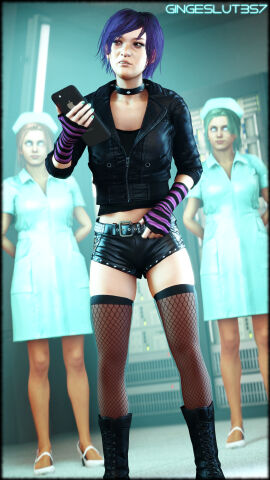 3girls android android_girl before before_and_after bob_hair brown_eyes choker clone clones collar daisy_dukes female fingerless_gloves fishnet_leggings fishnet_stockings fishnets gingeslut357 leather_jacket leather_pants leather_shorts long_gloves nose_piercing nose_ring nurse nurse_cap nurse_uniform patient piercing piercings punk punk_girl punk_hair purple_hair purple_stripes robot robot_girl robot_humanoid short_hair short_shorts shorts source_filmmaker spiked_belt striped_gloves studded_belt tagme tagme_(character) xxxgingeslut357xxx