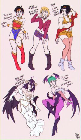5boys albedo_(overlord) black_boots black_hair black_heels black_high_heel_boots black_high_heels black_leotard blonde_hair boots bulge cowboy_bebop crossdressing crossover crossplay darkstalkers dc dc_comics diana_prince eastern_and_western_character english_text faye_valentine femboy genderswap genderswap_(ftm) green_hair hairband head_wings heels high_heels horn horns karnos kvrnos lasso_of_truth leotard male male_only maria_(silent_hill) morrigan_aensland multiple_boys multiple_males overlord_(maruyama) penis red_boots rule_63 silent_hill silent_hill_2 text thighhighs white_heels white_high_heels wings wonder_woman wonder_woman_(series) yellow_hairband